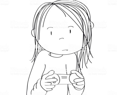 Teenage girl playing video games on game console, holding joystick, being very concentrated. Original hand drawn cartoon illustration.
